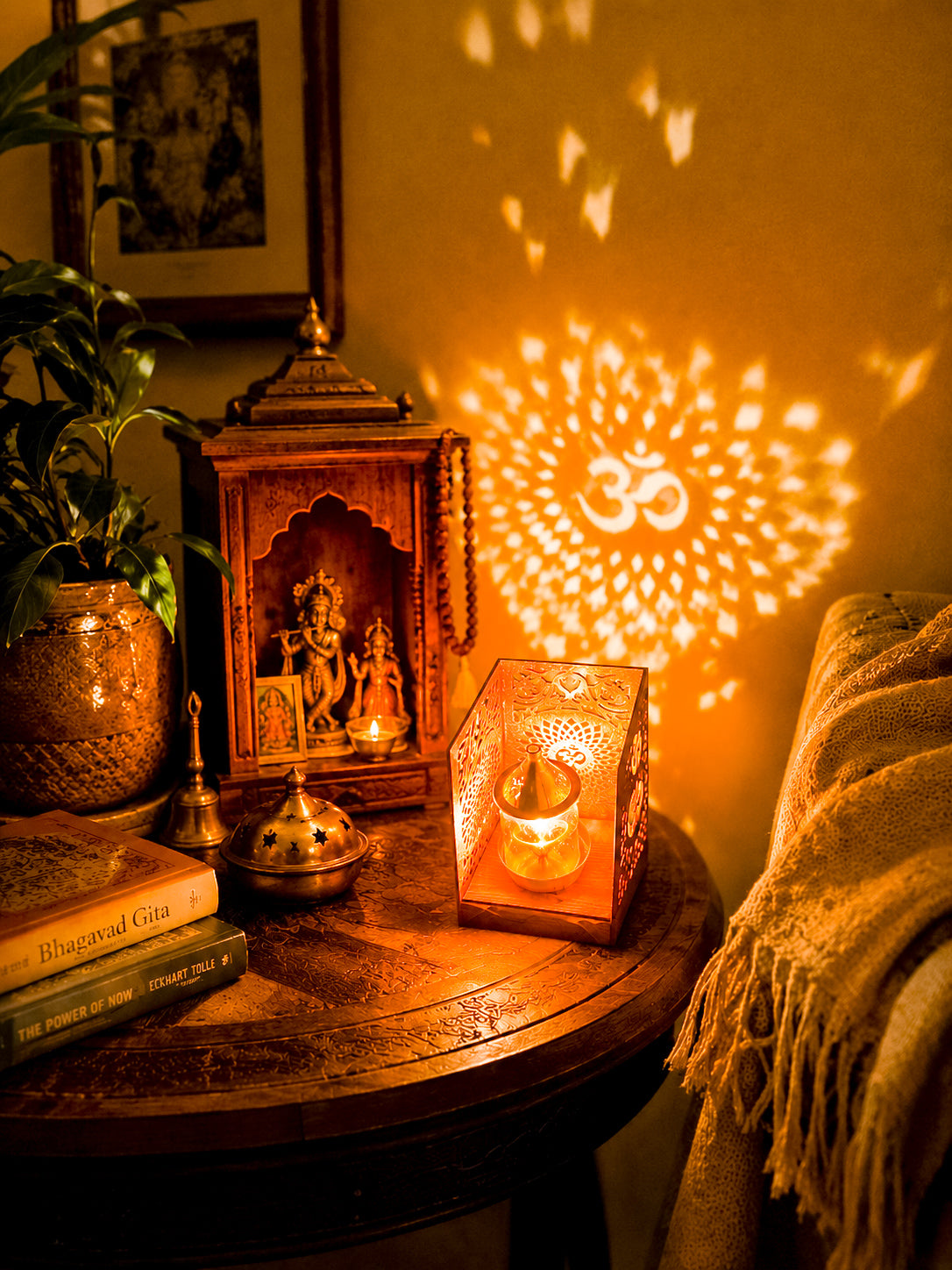 Handcrafted Wooden Om Diya Holder – Hindu Pooja Decor