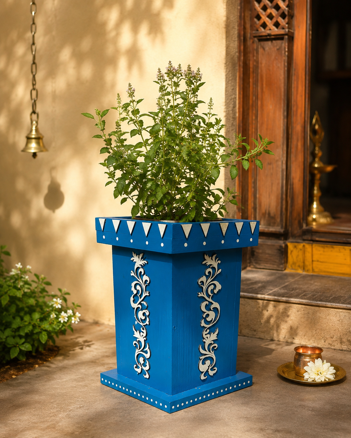 Handcrafted Wooden Tulsi Pot, 7.5x7.5x11” Vrindavana Planter, Pooja Decor