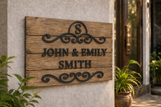 Personalized wooden family name plate in english with black letters