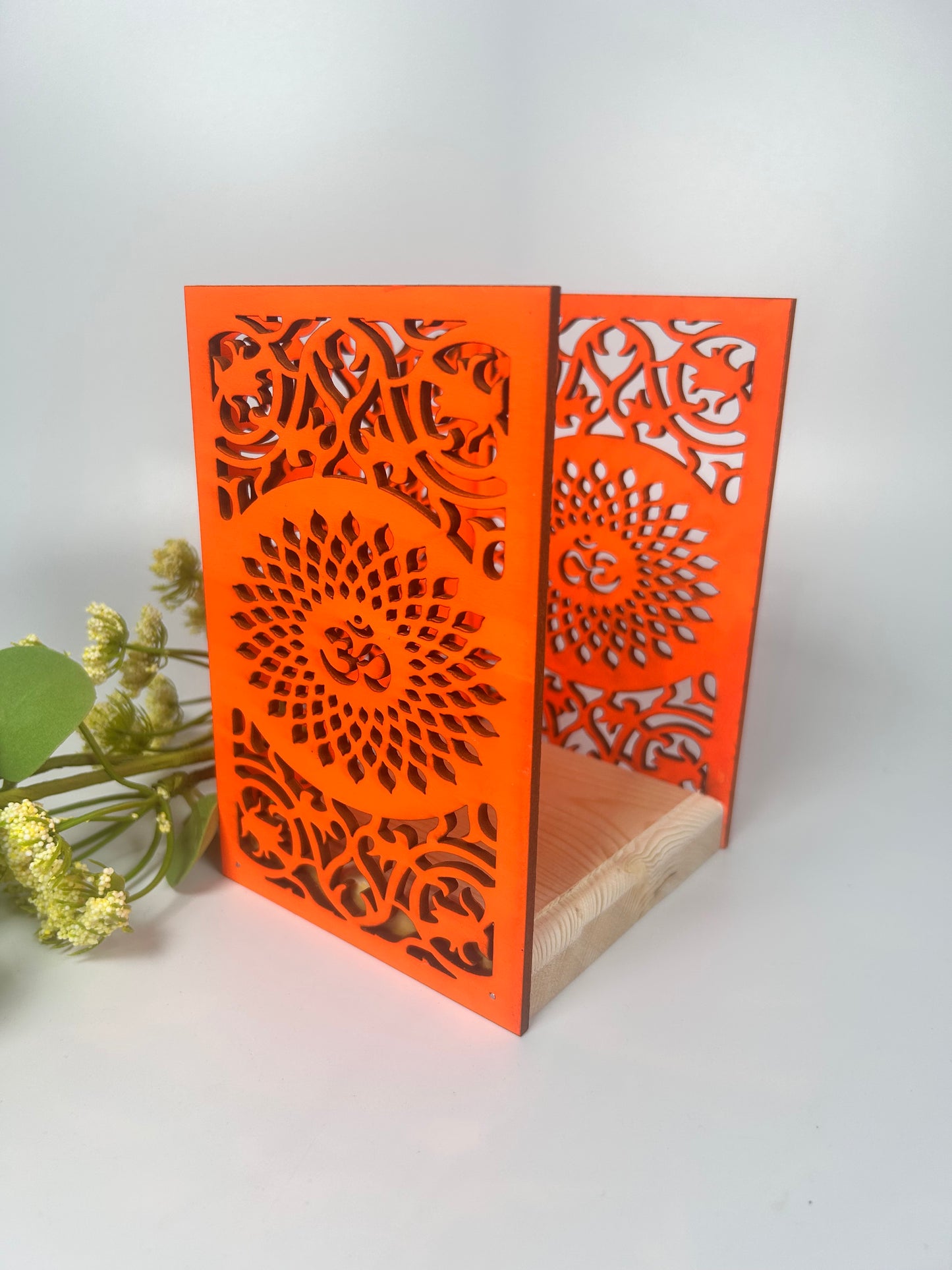 Handcrafted Wooden Diya Holder with Om Design | Hindu Pooja Decor