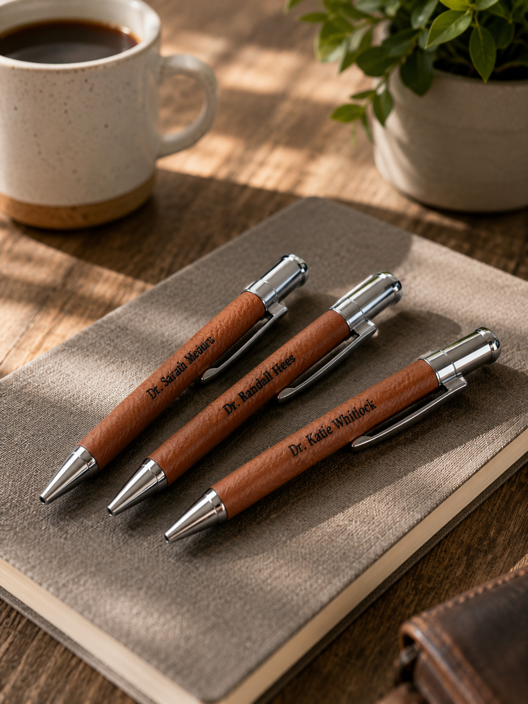     Personalized laser engraved leather pens with custom names, premium executive pens for office, graduation, and corporate gifts.