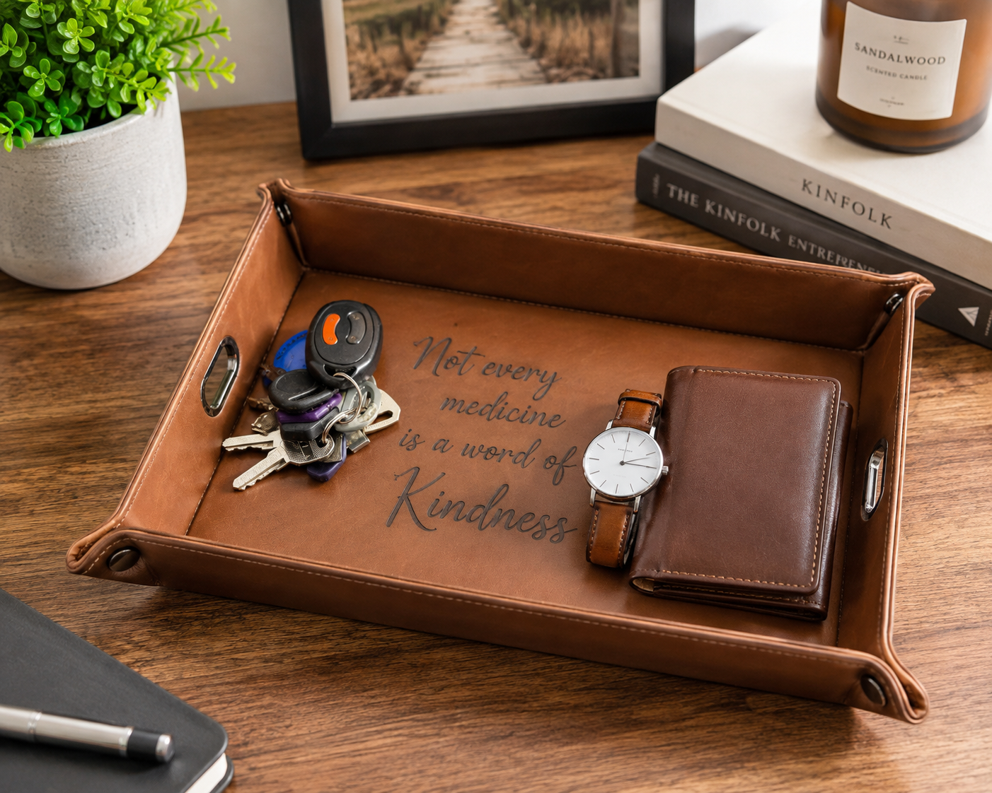 Personalized brown leatherette valet tray custom engraved for organizing keys, wallet, watch and everyday essentials.