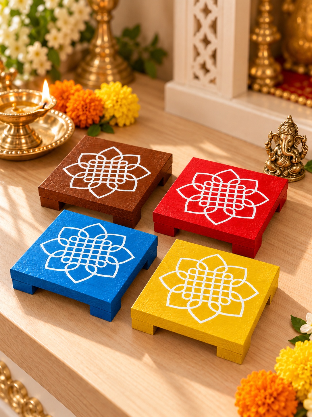 wooden chowky with white kolam design on a wooden mandir shelf beside a brass Ganesha idol, lit diya, and marigolds.