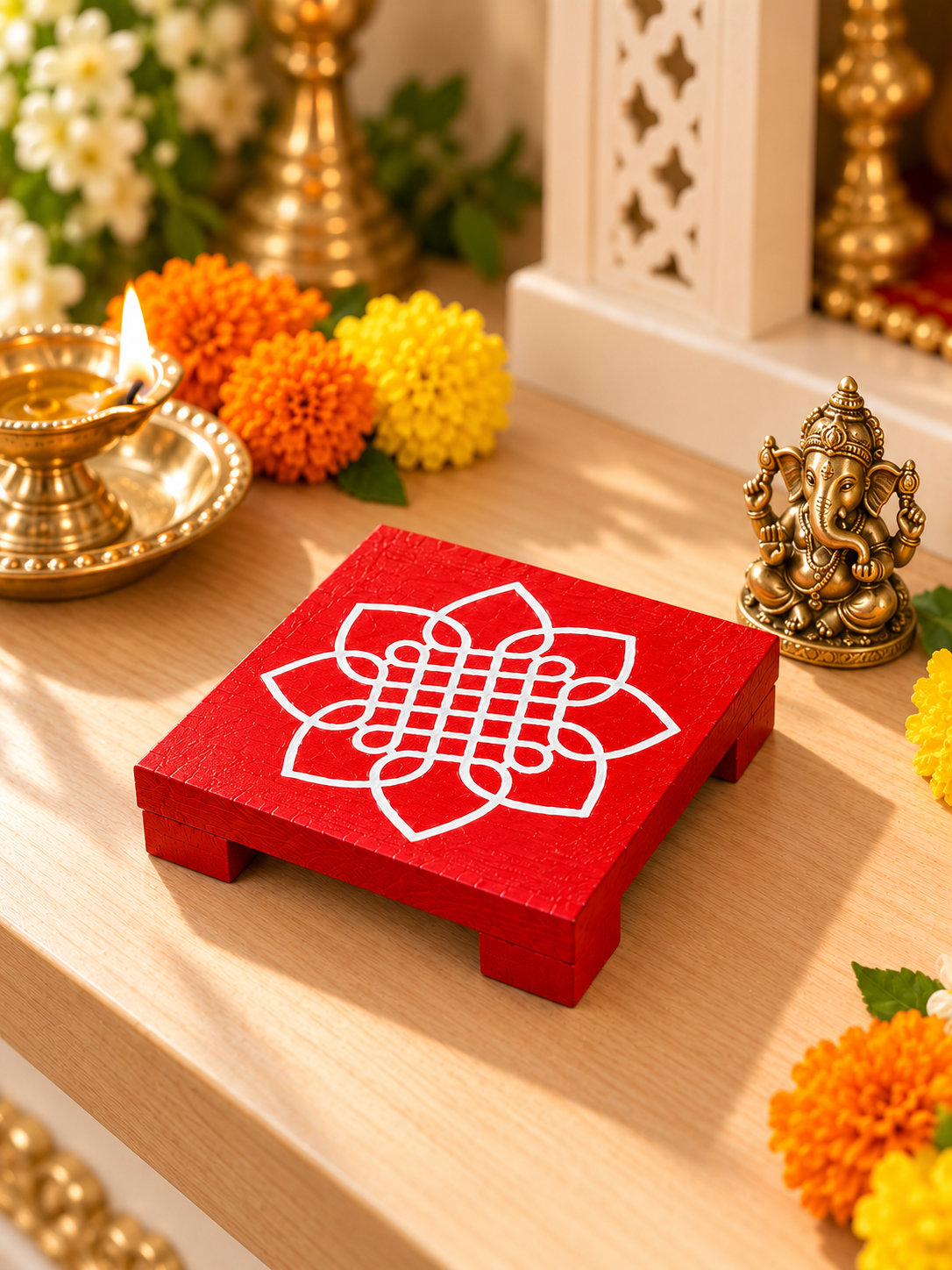 Red wooden chowky with white kolam design in a sunlit pooja setting with a brass Ganesha idol, lit diya, and marigold flowers.