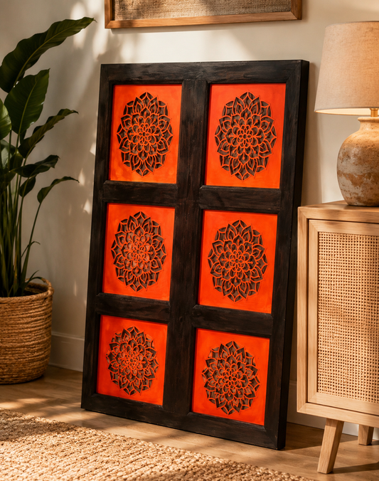 Handcrafted wooden mandala wall art featuring six intricate floral panels with vibrant orange accents and dark wood frame for Indian boho home decor.