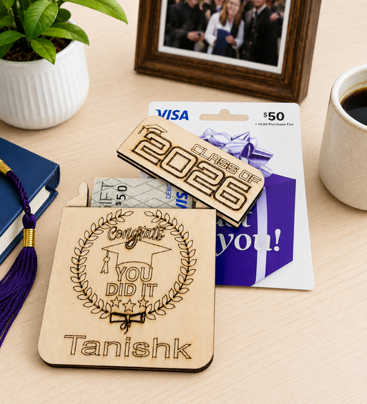 Personalized wooden graduation gift card holder engraved with graduate name and Class of 2026 design holding a gift card and cash.
