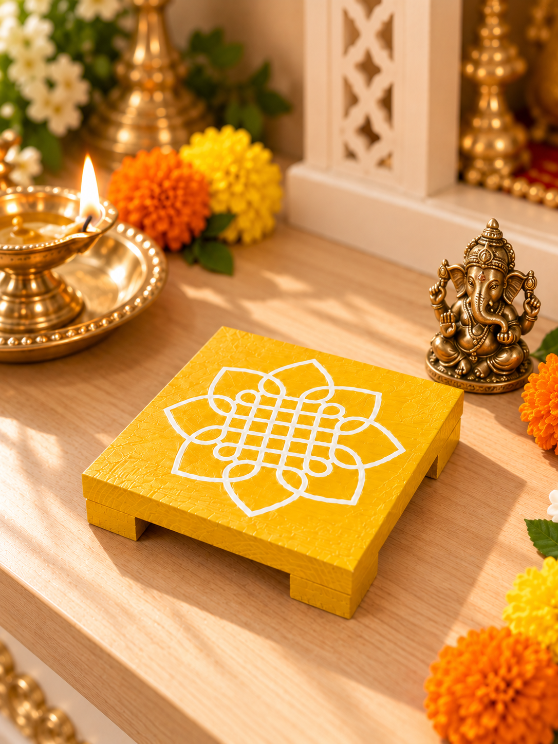 Yellow wooden chowky with white kolam design in a home mandir setting, surrounded by marigolds, a brass Ganesha idol, and a lit diya.